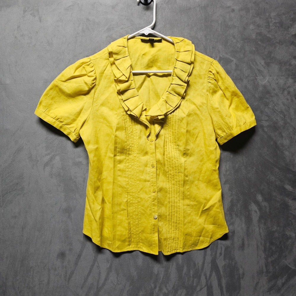 Lafayette 148 New York Women's Yellow 100% Linen Ruffle Neck Pintuck Blouse Sz 8